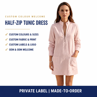 Robe Tunique Courte Personnalisée pour Femme, Printemps, Demi-Zip, Col Montant, Manches Longues, Poches Amples, Style Cache-Cœur, OEM ODM