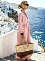 Robe longue simple pour femme 2027, col en V, manches lanternes, poches latérales, coupe ample, idéale pour les vacances à la plage, couleur unie