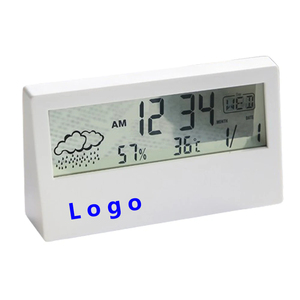 LCD Desk Alarm Clock White with Calendar and Digital Temperature Humidity Modern Home Office Watch <b>Battery</b> Operated - Product Image 3
