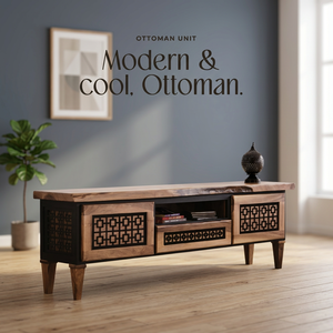 Meuble TV rustique moderne en chêne, console multimédia en bois, ottoman, meuble de salon - Product Image 3