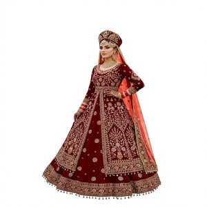 Robe de mariée en velours coupe A-line Anarkali Lehenga avec dos illusion, broderie à la main riche, bordure en dentelle et pompons pour femme - Product Image 1