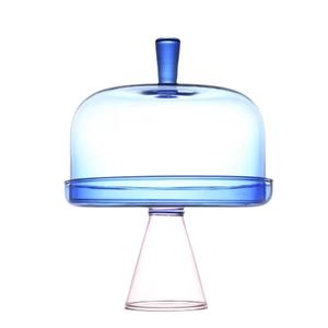Assiette à gâteau en verre soufflé à la main en borosilicate rose avec dôme en verre bleu avec <span class=keywords><strong>cloche</strong></span> - Product Image 1