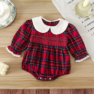 Nuova Tutina per Neonata Natale 2026, Abbigliamento <span class=keywords><strong>Bambina</strong></span> Primavera Autunno, Tutina Rossa a Quadri con Colletto e Maniche per Neonati - Product Image 2