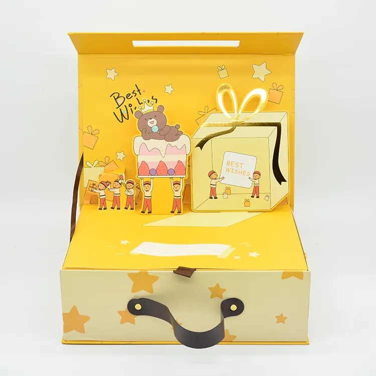En gros personnalisé anniversaire valise en forme d'enfants boîte-cadeau aimant carton coffrets <span class=keywords><strong>cadeaux</strong></span> avec 3d pop up et poignées