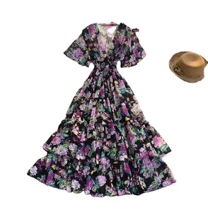 Gaun Bohemian kerah V motif bunga Chic Korea baru 2024 pakaian gaun liburan musim panas wanita 6