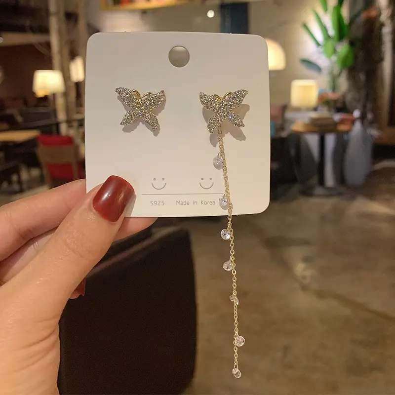 S925 Silver Needle New Full Rhinestone Luxury Butterfly Earrings Female Temperament Long Tassel Asymmetric Earrings