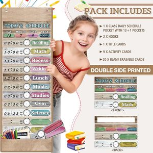 Daily Schedule Pocket Chart 12x2 Inches Reusable Cards Farmhouse Design Classroom Time Management Back To School <b>Decor</b> - Product Image 3