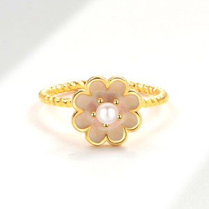 Anillo Ajustable Minimalista de Cobre Chapado en Oro con Perla de Concha y Flor Esmaltada Giratoria, Joyería de Moda para Mujer, Anillo Antiestrés Fidget - Product Image 3