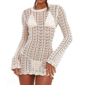 Nouvelle Robe Courte Moulante en Crochet Sexy pour Femme, Manches Longues, Dos Nu à Nouer, Idéale pour les Vacances d'Été et la Plage - Product Image 1