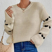 LASARO INTERNATIONAL Pull en tricot blanc à col rond pour femme, broderie cœur rouge, manches régulières, pull décontracté d'hiver, 100% coton