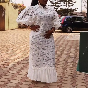 Abito lungo da donna J8262 in pizzo ricamato, elegante per il lavoro, taglie forti, con risvolto e maniche a lanterna, vestito chemisier ampio in pizzo ricamato - Product Image 2