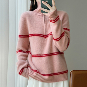 Suéter de punto holgado con <span class=keywords><strong>cuello</strong></span> <span class=keywords><strong>alto</strong></span> y media cremallera para <span class=keywords><strong>mujer</strong></span>, 100% lana pura coreana, a rayas, novedad de primavera 2026, superventas - Product Image 2