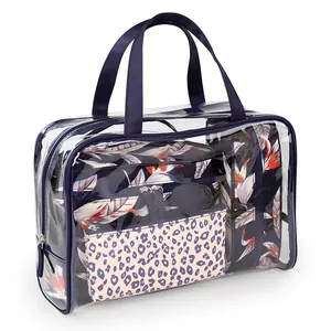 Bolsa de viaje de maquillaje personalizada para mujer, transparente con estampado de leopardo neceser de viaje, hojas, organizador de nailon