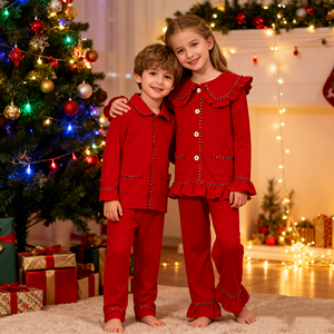 Pyjamas de Noël Ensemble de famille Pyjamas pour enfants personnalisés Ensemble de pyjamas pour enfants en <span class=keywords><strong>tartan</strong></span> de coton rouge - Product Image 1