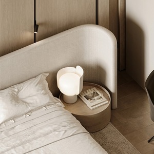 Lit rembourré minimaliste avec tête de lit large à ailes, taille King Queen, cadre de lit plateforme en tissu lin, style Japandi scandinave, OEM - Product Image 5