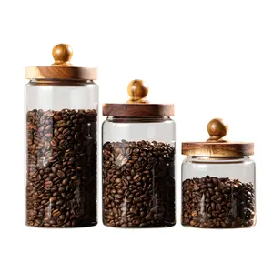 Acacia wood glass sealed jar large bottle spice grain dust storage jar household food coffee moisture storage jar