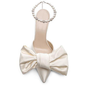 Sıcak satış zarif kadın inci dantel sivri burun yüksek topuk saten ilmek katırlar ile parti terlik katırlar - Product Image 3