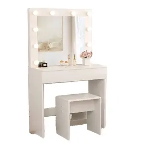 White Dressing Table With 10 Light Bulbs And Chair Hollywood Makeup Mirror