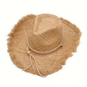 Sombrero de Paja Natural de Rafia para Hombre y Mujer, Protección Solar para la Playa y el Océano, con Cordón para la Barbilla, Estilo Vaquero, Venta al Por Mayor - Product Image 4