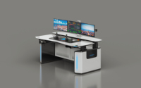 Console de salle de contrôle pour opération 24/7, poste de travail compact en stratifié réglable en hauteur et personnalisable