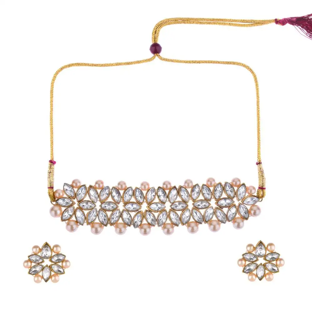 India Boho Bunga Kristal Kundan Putih Mutiara Berlian Imitasi Choker Kalung Anting Pernikahan Pengantin Set Perhiasan