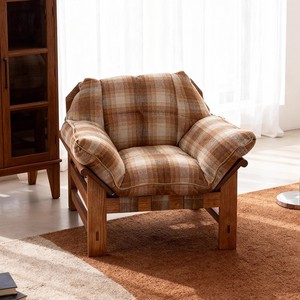 Sillón de madera de estilo nórdico con tapicería a cuadros color champán, silla reclinable para sala de estar, uso para adultos y personas mayores - Product Image 2