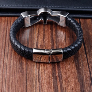 Hip Hop Jewelry Skull Stainless Steel Bracelet Customized Name Black Leather Braided Rope <b>Bangle</b> <b>Men</b> Leather Bracelet - Product Image 4