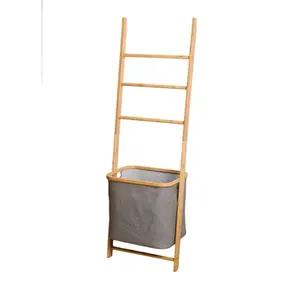 环保可折叠设计天然竹梯储物挂架洗衣篮篮、毛巾挂架