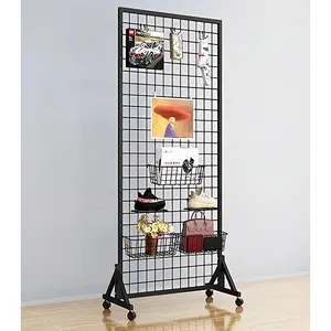 JH-Mech 2-Pack Grid Wall Panels Supermarket Shelves With T-Base Sturdy Floorstanding On Wheels Wire Grid Wall Panels