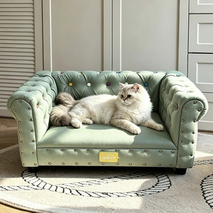 Lit pour animaux de compagnie de luxe en cuir avec rivets colorés, logo personnalisé, cadre en bois massif, surélevé, lavable, pour chiens et chats - Product Image 4