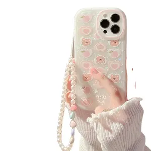 Oso de corazón de melocotón adecuado para 13promax Phone Case i11 Fairy 15 Pearl Chain XR Shell 14