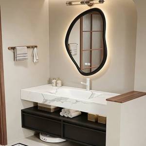 Customized large capacity storage intelligent LED mirror rock board integrated basin and antique style bathroom cabinet - Product Image 2