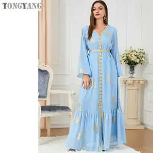 TONGYANG Modest Muslim Moroccan Jalabiya Dubai Abaya Dress For Women Chic Button Tape Trim V Neck Long Sleeve Gold Robe Chiffon