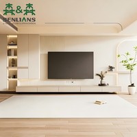 Meuble TV mural crème beige avec étagères LED à texture de lattes verticales et tiroir flottant