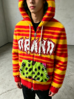 Y2K Gestreifter Kunstfell-Hoodie mit Reißverschluss, Unisex, Leopardenfutter, Patch-Logo, Nietenbesetzte Manschetten, Streetwear, Herbst, Oversized, Atmungsaktiv