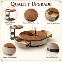 Table basse ronde avec tiroirs en forme d'éventail, plateau en bois grainé sur base crème, facile à nettoyer et durable, meubles modernes pour salon