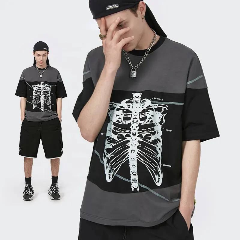 INFLACIÓN 250 GSM DTG Esqueleto Pantalla Impreso Patchwork Camiseta Hombres Streetwear cortar y coser camiseta