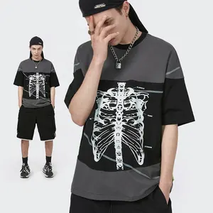 INFLATION 250 GSM DTG Skeleton Screen Printed Patchwork Tshirt Men Streetwear Cut And Sew T-shirt