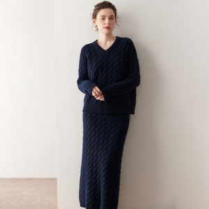 Women's Cashmere Wool <b>Knitted</b> <b>Set</b> Two Pieces V-neck Cable Sweater Pullover Skirt Suit Elegant <b>Set</b> Dress Soft Autumn Winter Thick - Product Image 2