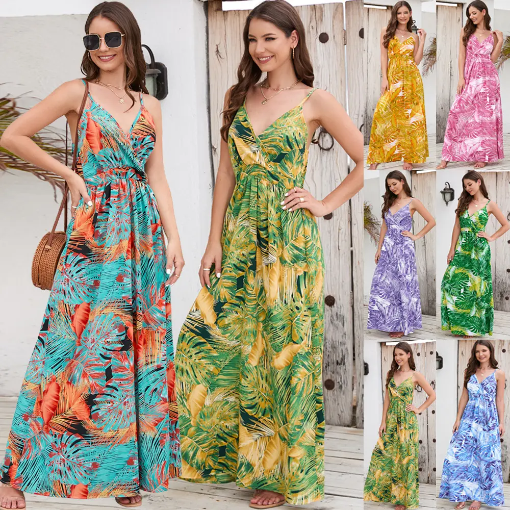 Robe d'été imprimée florale pour femmes Robe ethnique sans manches longues pour femmes Vacances Plage Maxi Bohême Robes décontractées