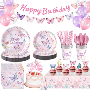 Nouveautés : Vaisselle jetable pour fête d'<span class=keywords><strong>anniversaire</strong></span> d'enfants sur le thème des papillons roses et violets, assiettes en papier, nappe, dessin animé - Product Image 1