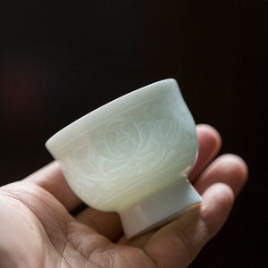 Hutian Kiln Celadon <b>Teacup</b> Embossed Hibiscus Flower High Footed Handmade Porcelain Tea Tasting Cup Small Guest Kung Fu Cup - Product Image 1