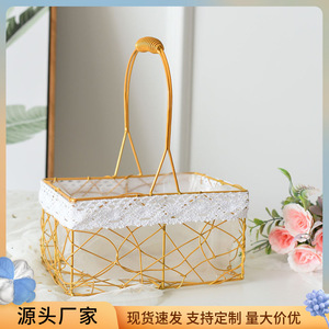 <b>Large</b> rectangular gold wrought iron mesh flower <b>basket</b>, hand-held woven gift <b>basket</b>, fruit storage <b>basket</b>, picnic <b>basket</b> - Product Image 5