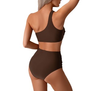 ชุดบิกินี่ไหล่เดียวสำหรับผู้หญิง ชุดว่ายน้ำเอวสูงแบบอสมมาตรสำหรับว่ายน้ำชายหาด 2 ชิ้น สีน้ำตาล สีดำ สีน้ำเงินกรมท่า สีน้ำเงินรอยัล สีโรส - Product Image 5