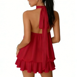 เดรสสั้นคอ halter สำหรับผู้หญิง แบบมีชั้น ซ้อนกัน แขนกุด เปิดหลัง ผ้าชีฟองพลิ้วไหว เหมาะสำหรับงานปาร์ตี้และใส่ในช่วงฤดูร้อน แฟชั่นเดรส - Product Image 5