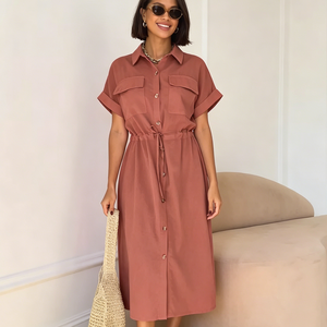 Vestido Camisero Color Caqui Enyami para Mujer, <span class=keywords><strong>Verano</strong></span>, Casual, con Botones, Midi, Bolsillos, Cintura con Cordón, Manga Corta, para Oficina o Trabajo - Product Image 2
