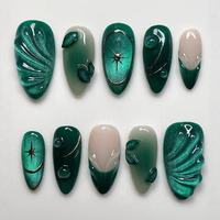 Faux ongles à presser 3D sculptés en relief, motif floral, coquillage et feuille sculptés à la main, courts, ovales, en acrylique, de luxe, couvrance totale, avec colle, réutilisables