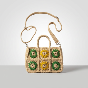 Sac à bandoulière pour femme en crochet, motif floral, style bohème, usage quotidien estival, fermeture à deux fermetures éclair, beige, vert, jaune, 50-65 cm - Product Image 2