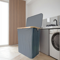 Panier à linge pliable haut en tissu Oxford moderne, imperméable, avec cadre en bambou, couvercle et sac en filet amovible, 57x37x67