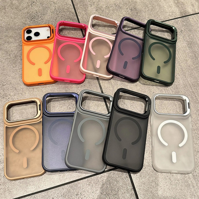 Metal Lens Kickstand Magnetic Wireless Charge Mobile Phone Case for iPhone 18 Pro Max Anti-Fingerprint Matte Shockproof Cover